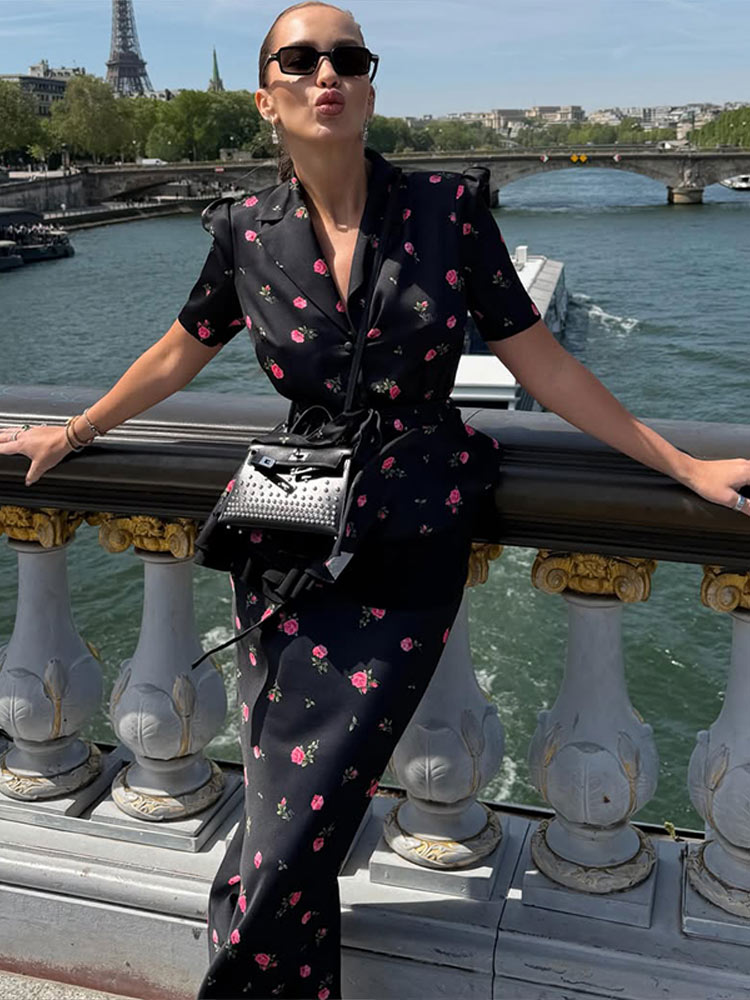 Midi Skirt Floral - Çiçek Desenli Blazer Ceket Etek Takımları