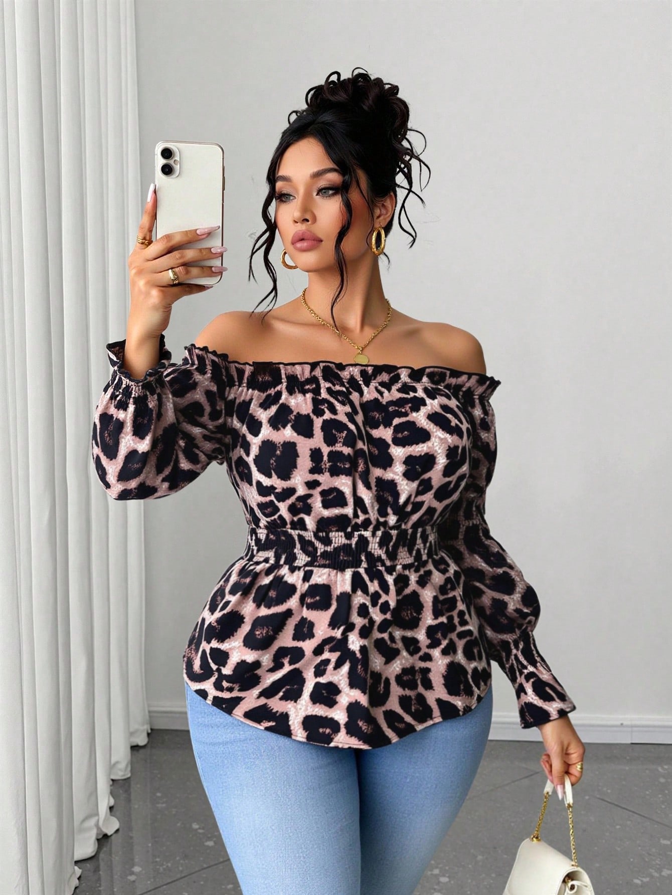Blouse Off Shoulder - Büyük Beden Kadın Leopar Desenli Fırfırlı