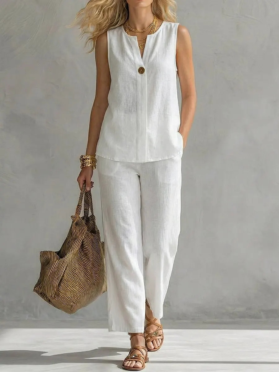 Linen Pant Wide - Tek Düğmeli Kolsuz Keten 2 Parça