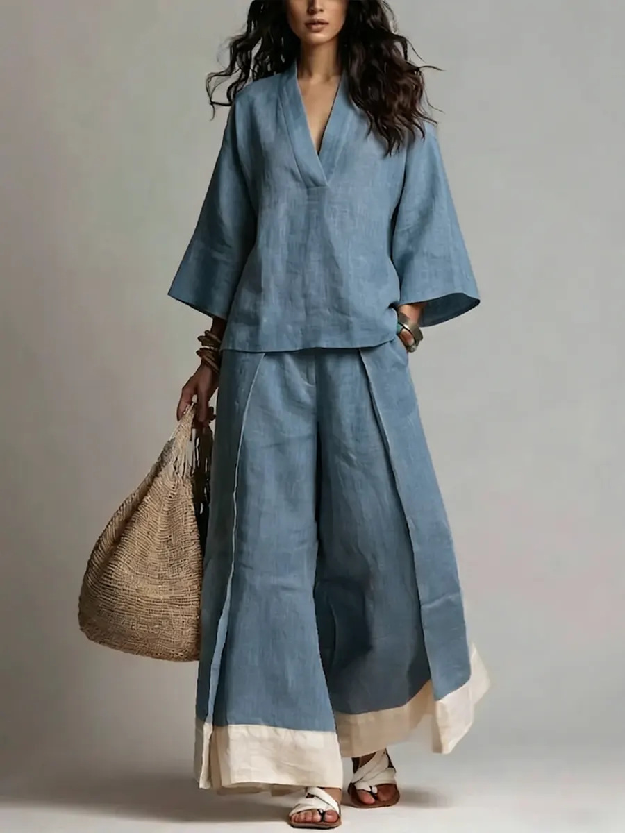 Linen Pant Wide - Yaz Kadın V Yaka Pamuk Keten